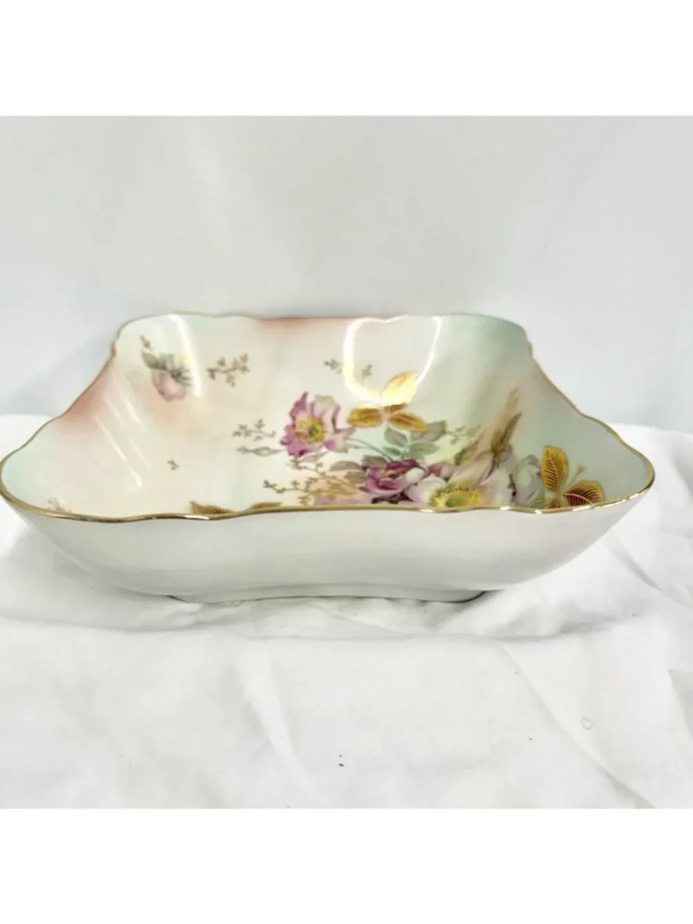Schumann Arzberg Germany Floral Square Porcelain Serving Bowl Gold Gilt Dish